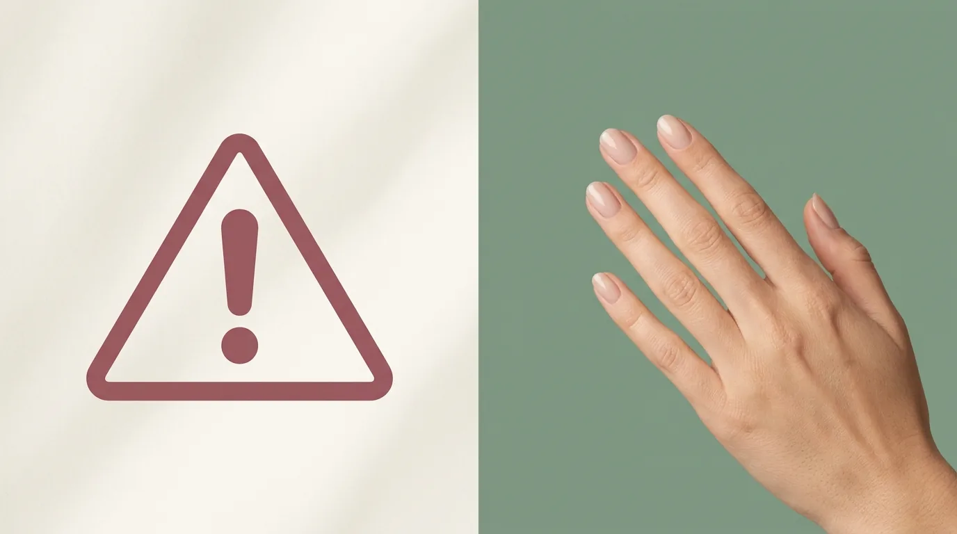 A split image contrasting a warning triangle icon with a calm, elegant natural manicure