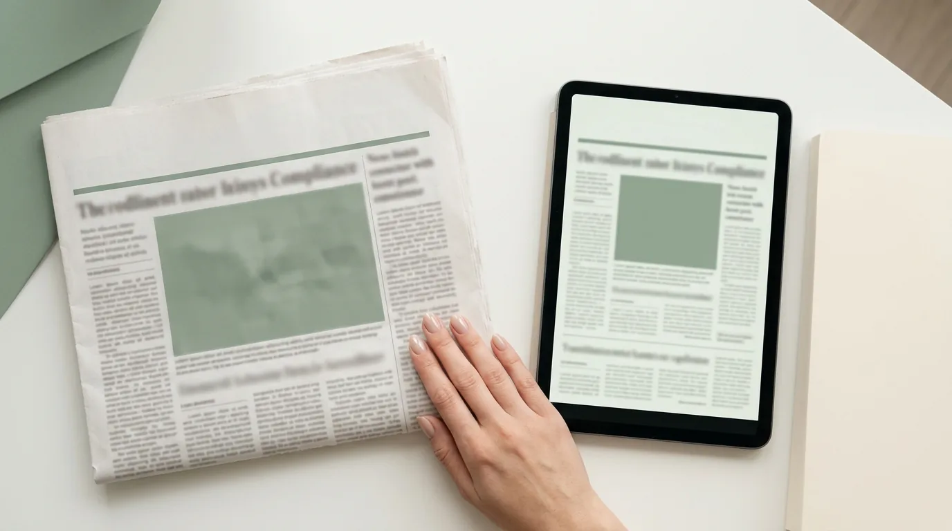 A hand resting on a newspaper and a tablet, both showing a blurred headline about compliance