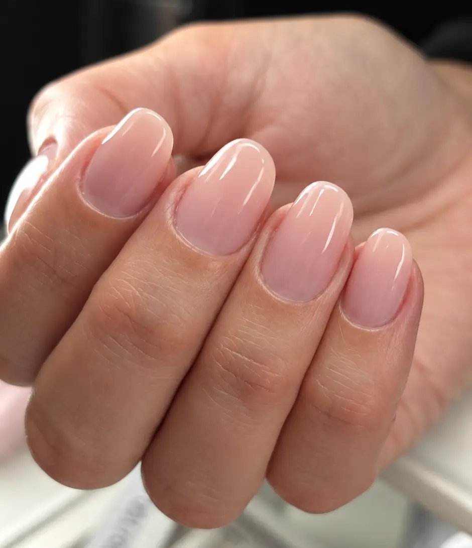 Natural sheer nude-pink manicure with a glossy finish on short rounded nails