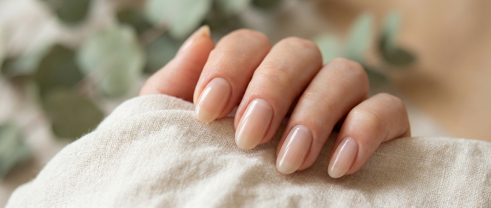 Builder gel (BIAB) being brushed onto a natural nail to create a structured, self-levelling overlay with a natural finish