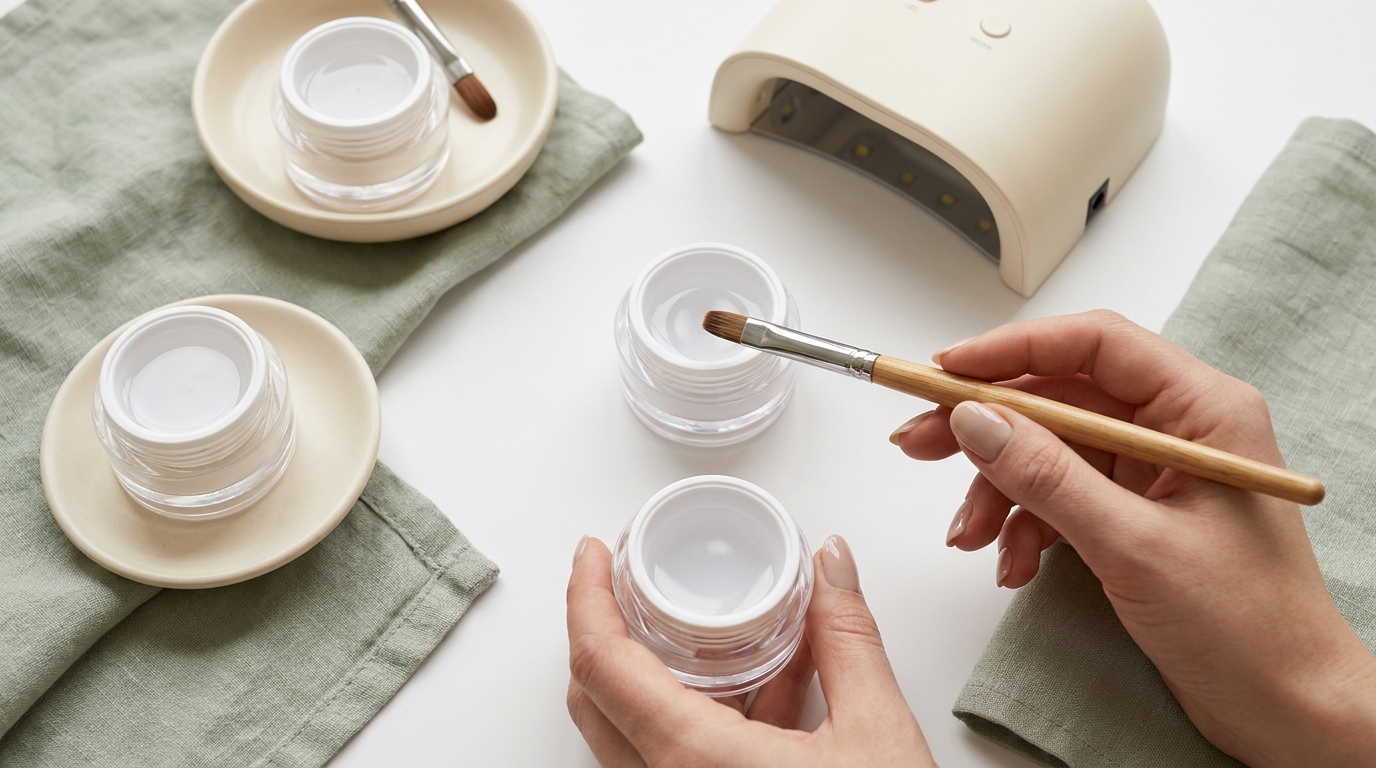 Builder-gel pots, a nail brush and a UV lamp on a white surface