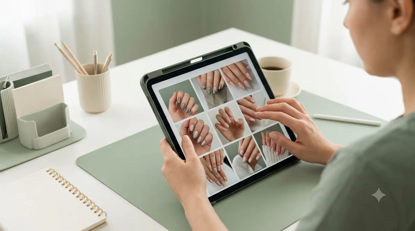 A nail technician curating her portfolio on a tablet