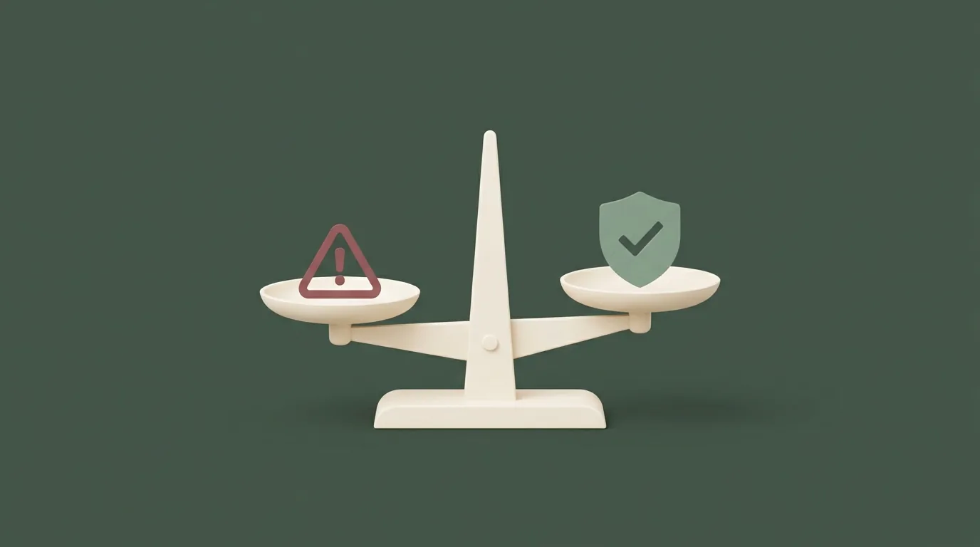 An illustration of a balance scale with a warning triangle on one side and a shield with a checkmark on the other, representing the balance between hazard and safety