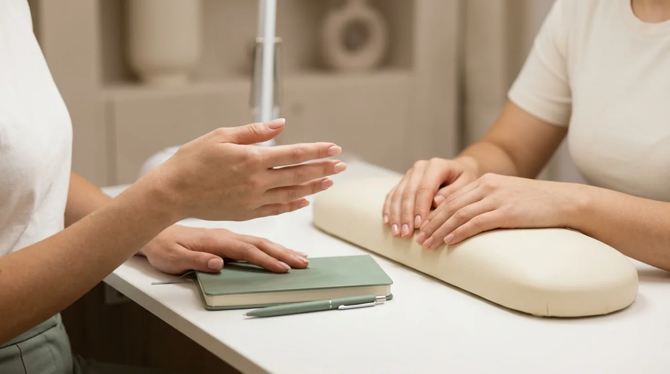Two people at a salon consultation desk, one gesturing while explaining, with a hand resting on a cushioned hand-rest