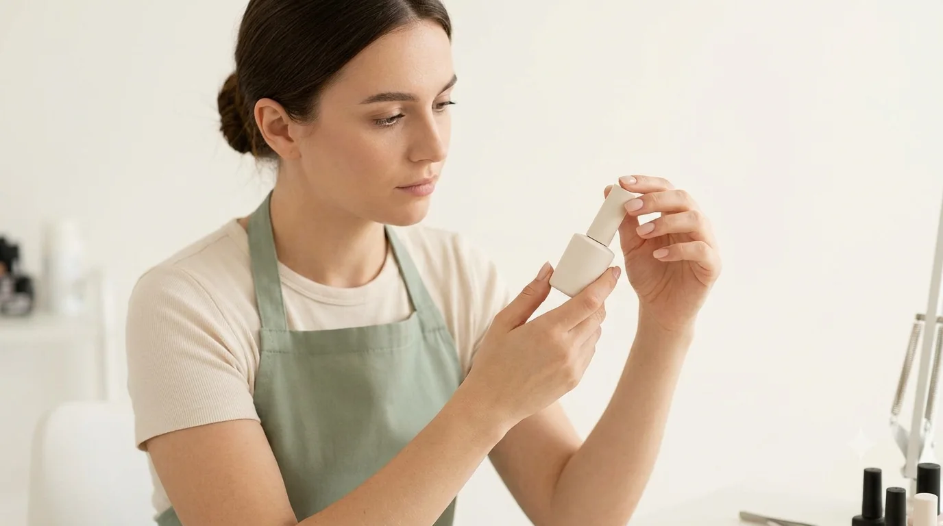 A nail professional examining a product bottle