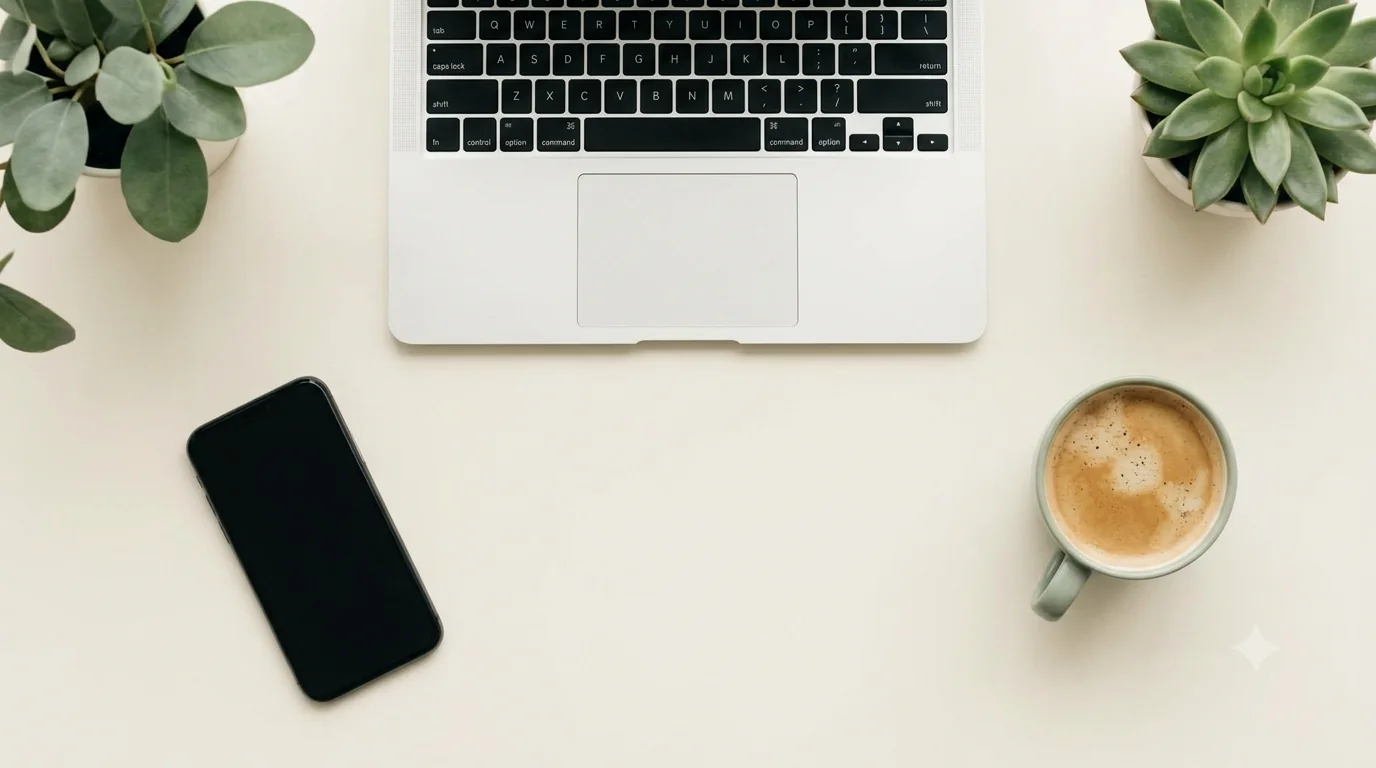 A minimal desk flat-lay with a laptop and phone