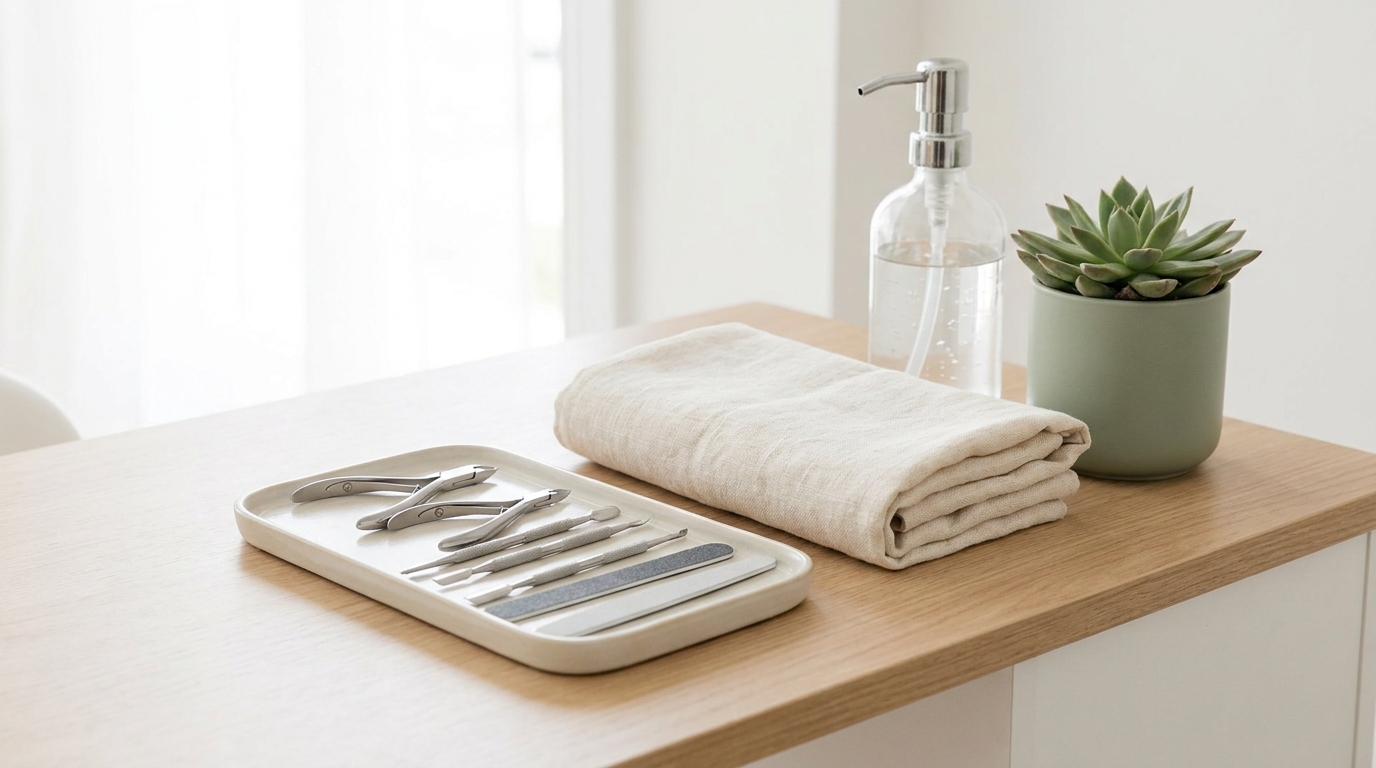 A spotless nail station with sanitised metal tools laid out on a tray, a clean towel and hand sanitiser