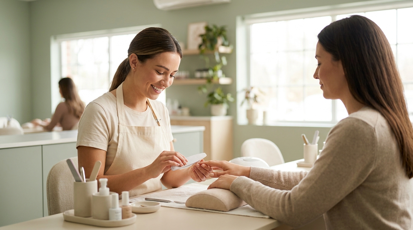 A friendly nail technician giving a client a natural manicure at a clean, bright salon station
