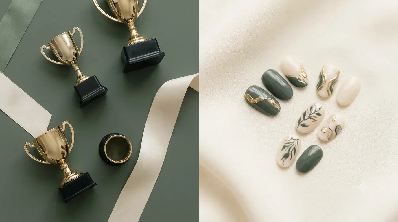 Small trophies and ribbons beside nail-art samples