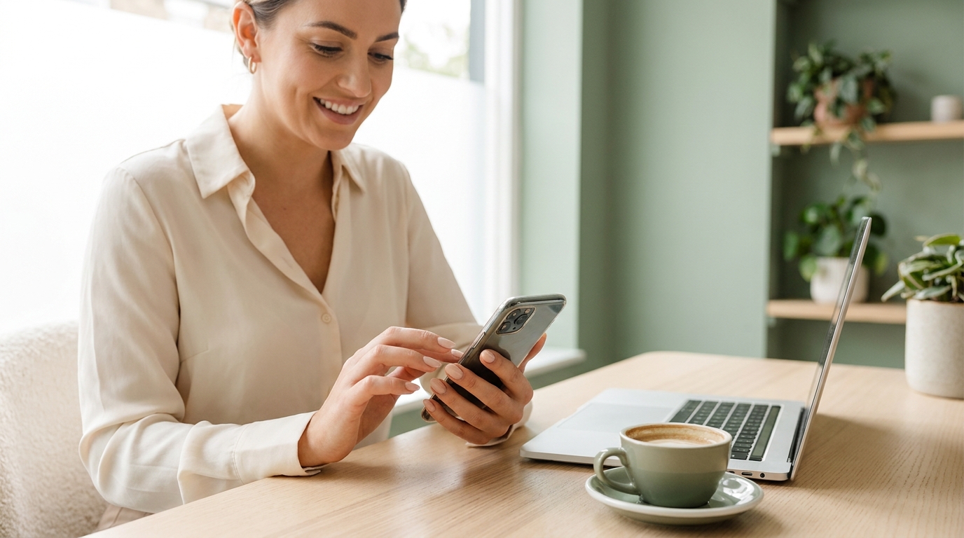 Nail technician reviewing her online presence across a phone and laptop, from Instagram feed to a searchable professional profile