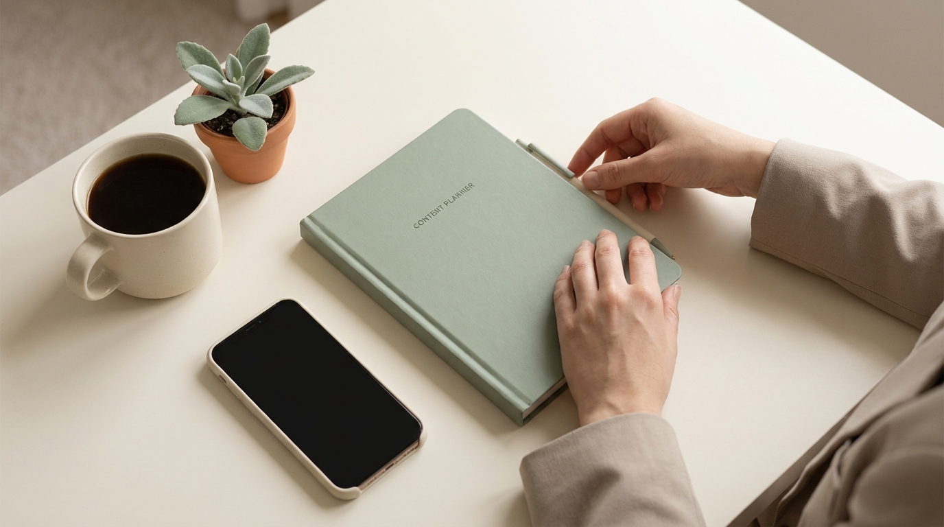A content-planning flat-lay with a phone, planner and coffee