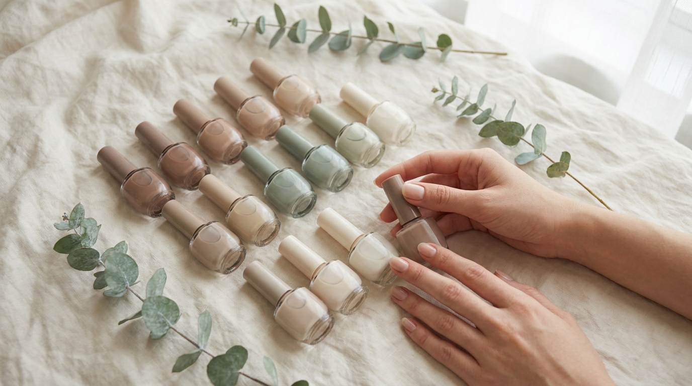 Neutral and muted nail polish shades arranged on cream linen