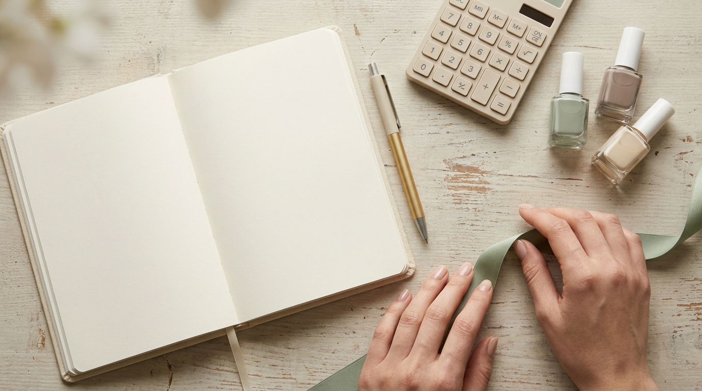 A pricing-planning flat-lay with a notebook and calculator