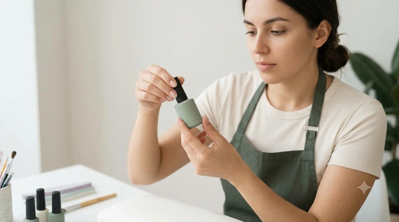 A nail technician carefully checking a product in her studio