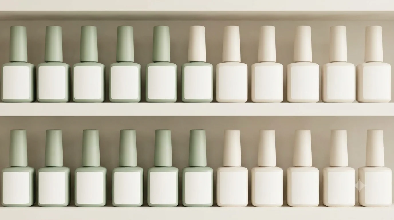 A tidy shelf of well-organised nail product bottles