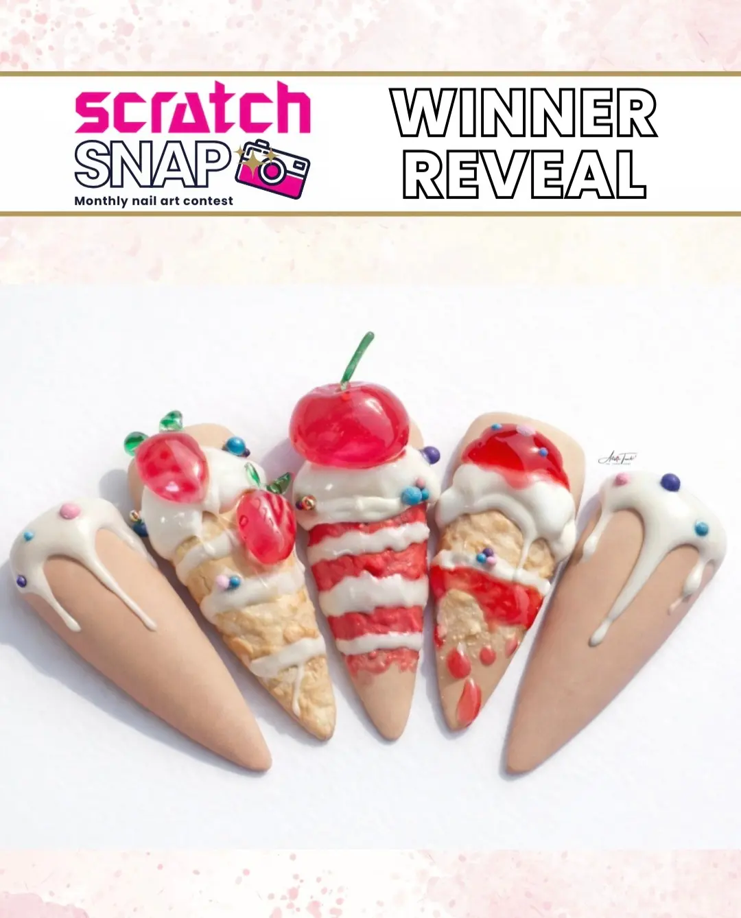 Radina Ignatova's winning 3D cake nail art design featuring realistic dripping frosting, dimensional cherries and strawberries, Scratch Snap April 2026 competition