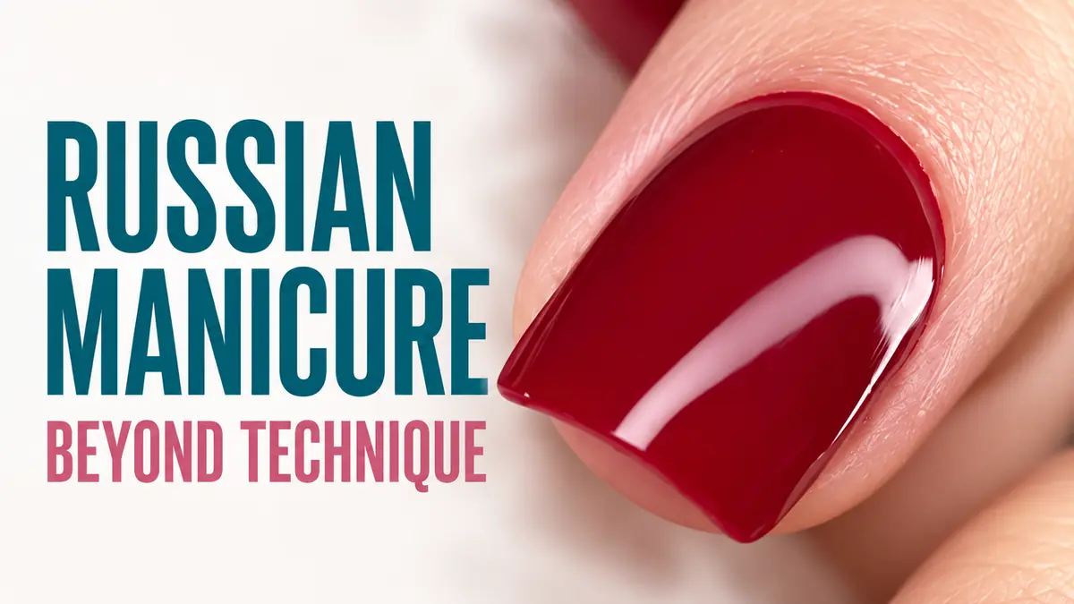 Course artwork for Russian Manicure – Beyond Technique showing a close-up of a glossy red square nail