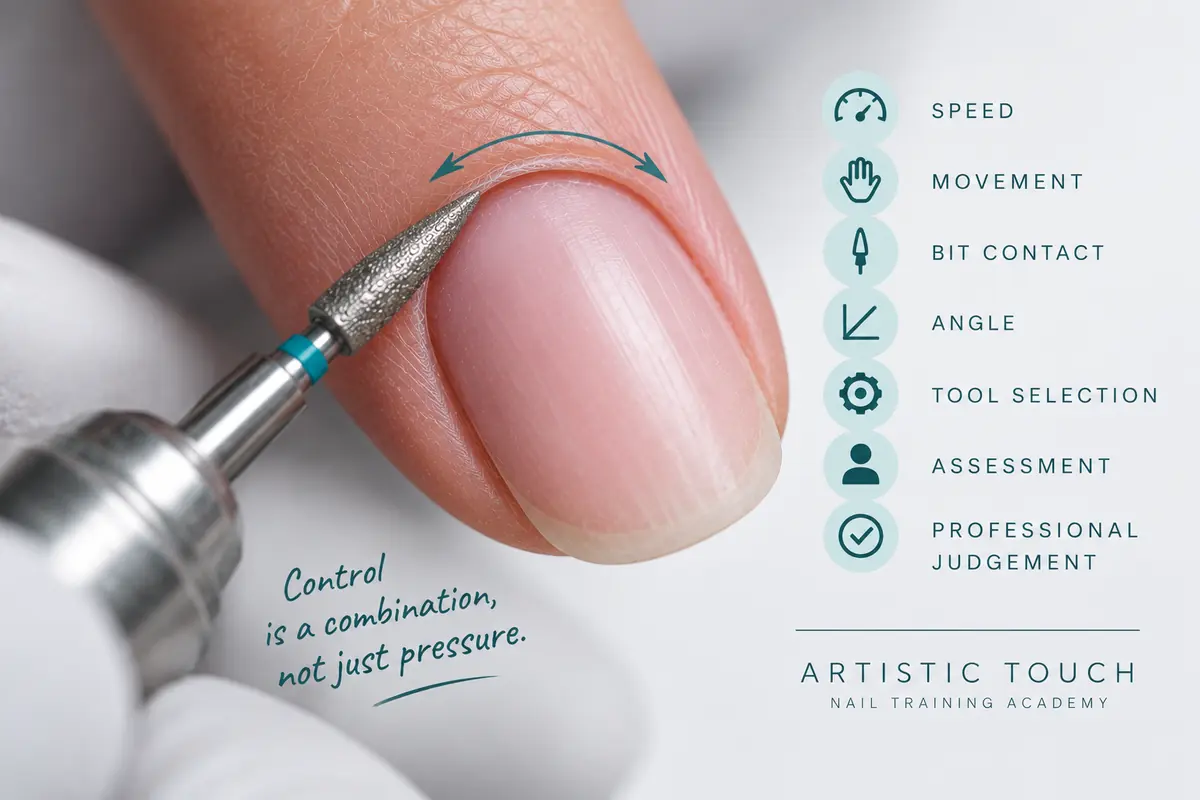 A diamond e-file bit resting against a natural nail, with a list beside it reading speed, movement, bit contact, angle, tool selection, assessment and professional judgement, and the handwritten note control is a combination, not just pressure