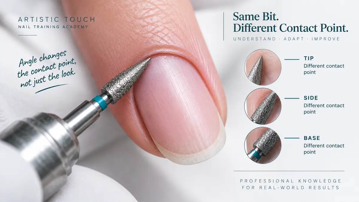 A diamond e-file bit beside a natural nail, with three small panels labelled tip, side and base showing different contact points on the same bit, and the heading Same Bit. Different Contact Point.