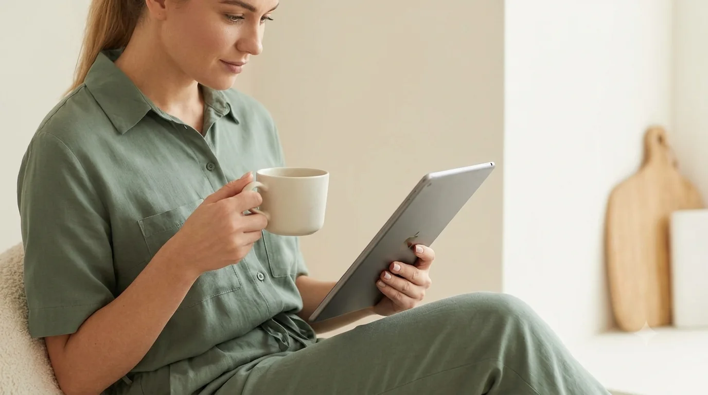 A nail professional reading industry news on a tablet