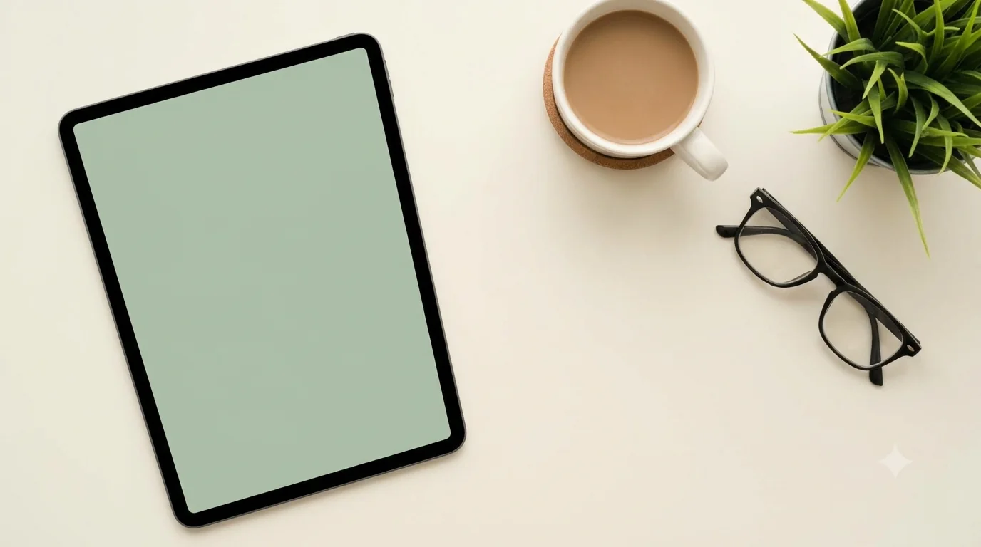 A calm reading flat-lay with a tablet and coffee