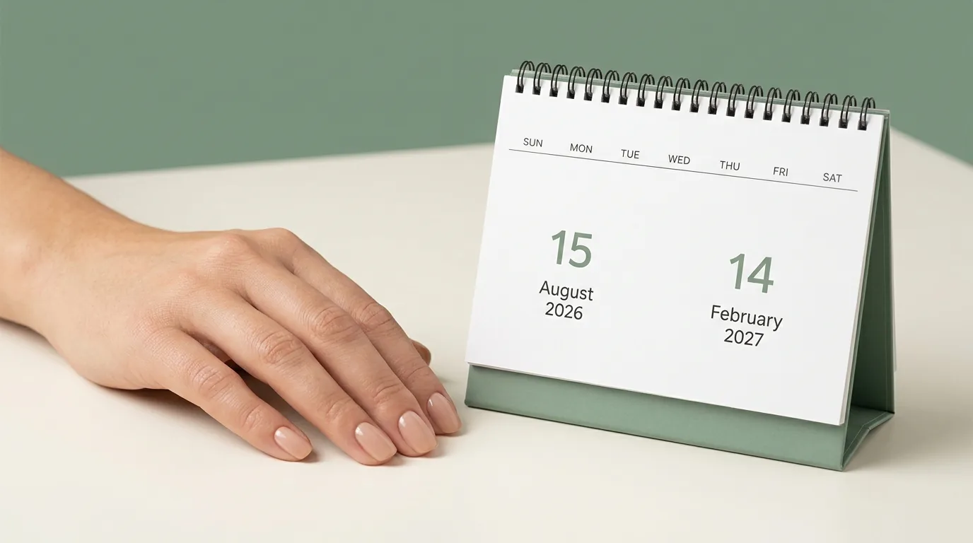 A desktop calendar showing the two Great Britain TPO transition dates, 15 August 2026 and 14 February 2027, beside a hand with a natural manicure