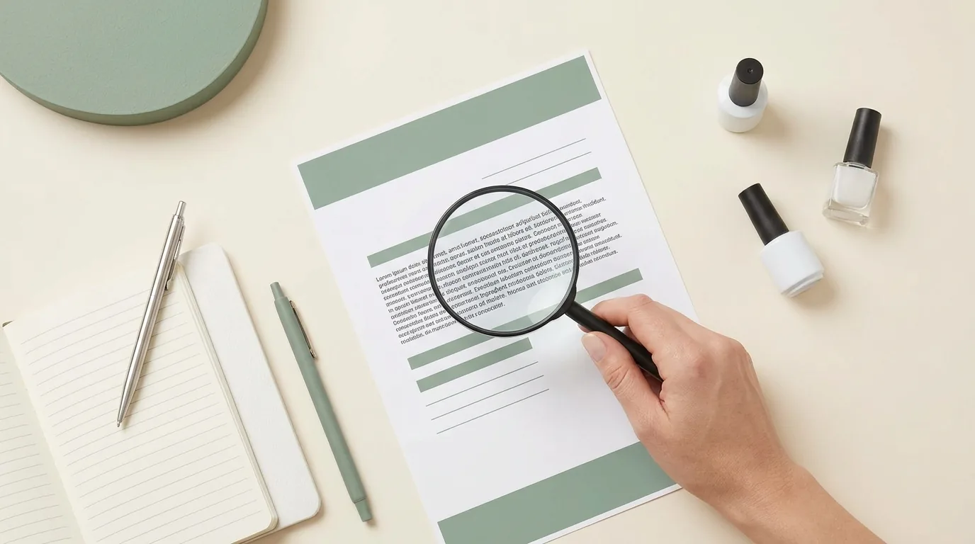 A hand holding a magnifying glass over a printed ingredient list document, illustrating how to check a product's INCI ingredients