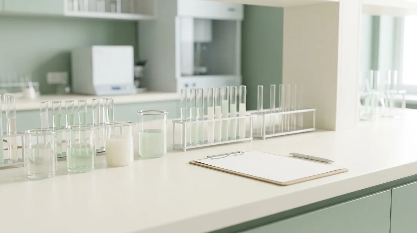 A bright laboratory bench with test tubes and beakers, representing the testing and classification process behind a cosmetic ingredient regulation