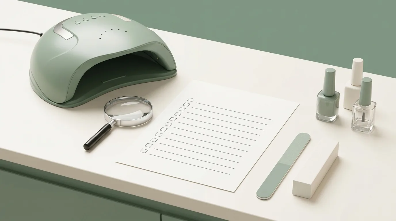 A flat lay of a green LED nail lamp, a magnifying glass, a blank checklist, nail files and gel polish bottles on a salon counter