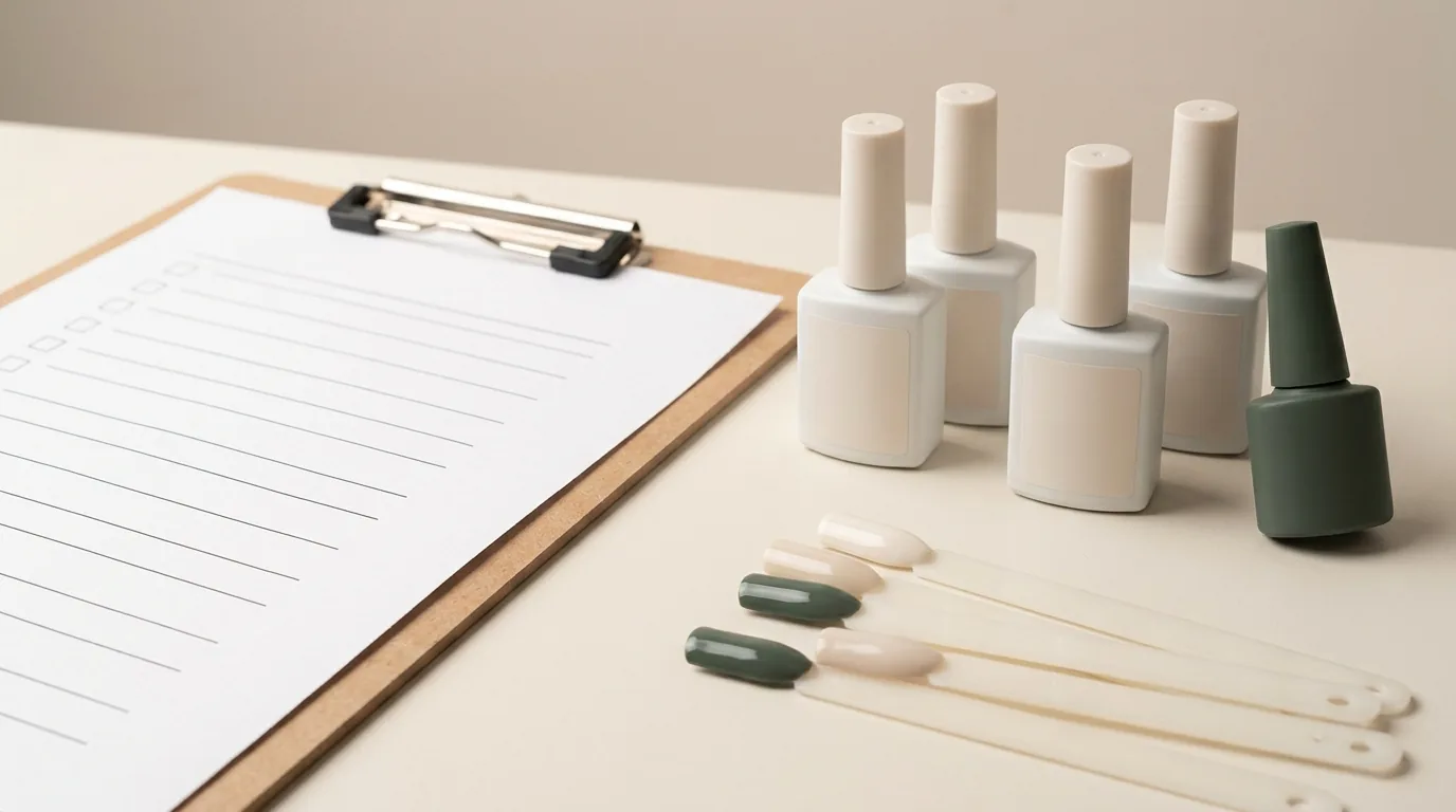 A blank checklist on a clipboard beside gel polish bottles and colour swatch sticks