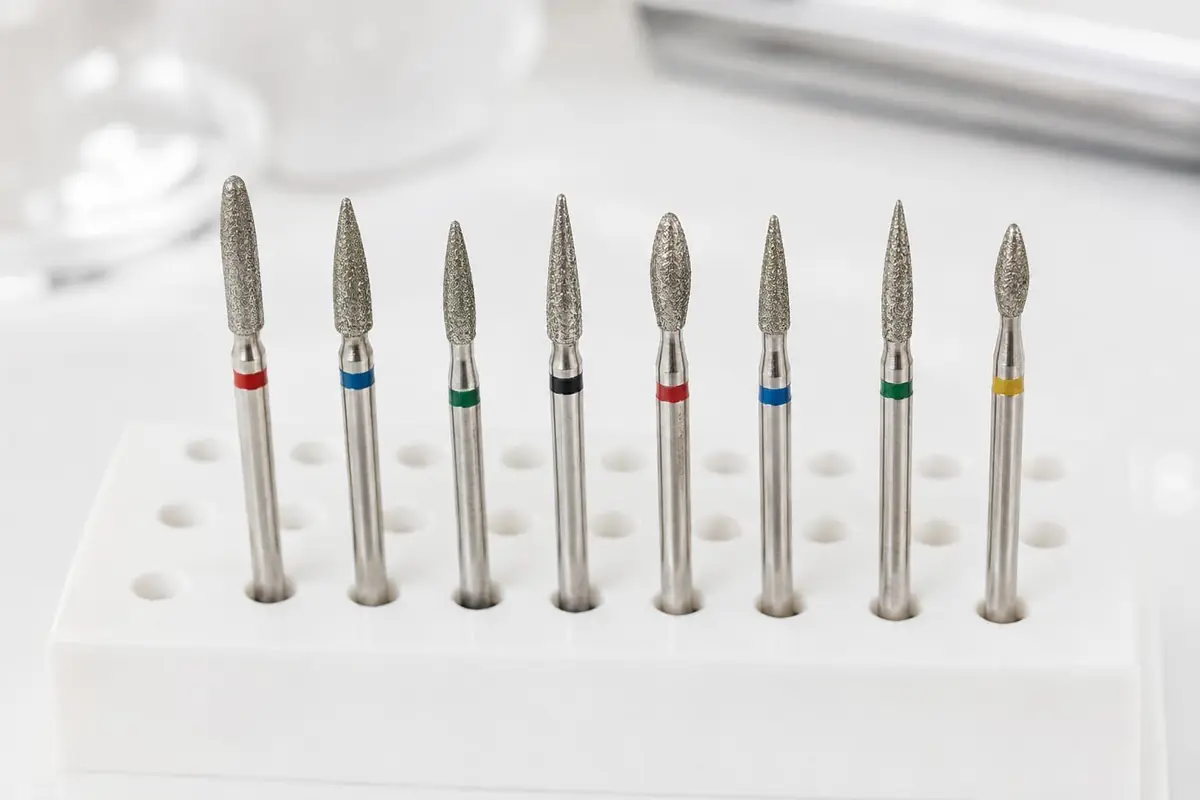Eight diamond e-file bits of a flame or bullet shape standing in a white holder, each marked with a different coloured band