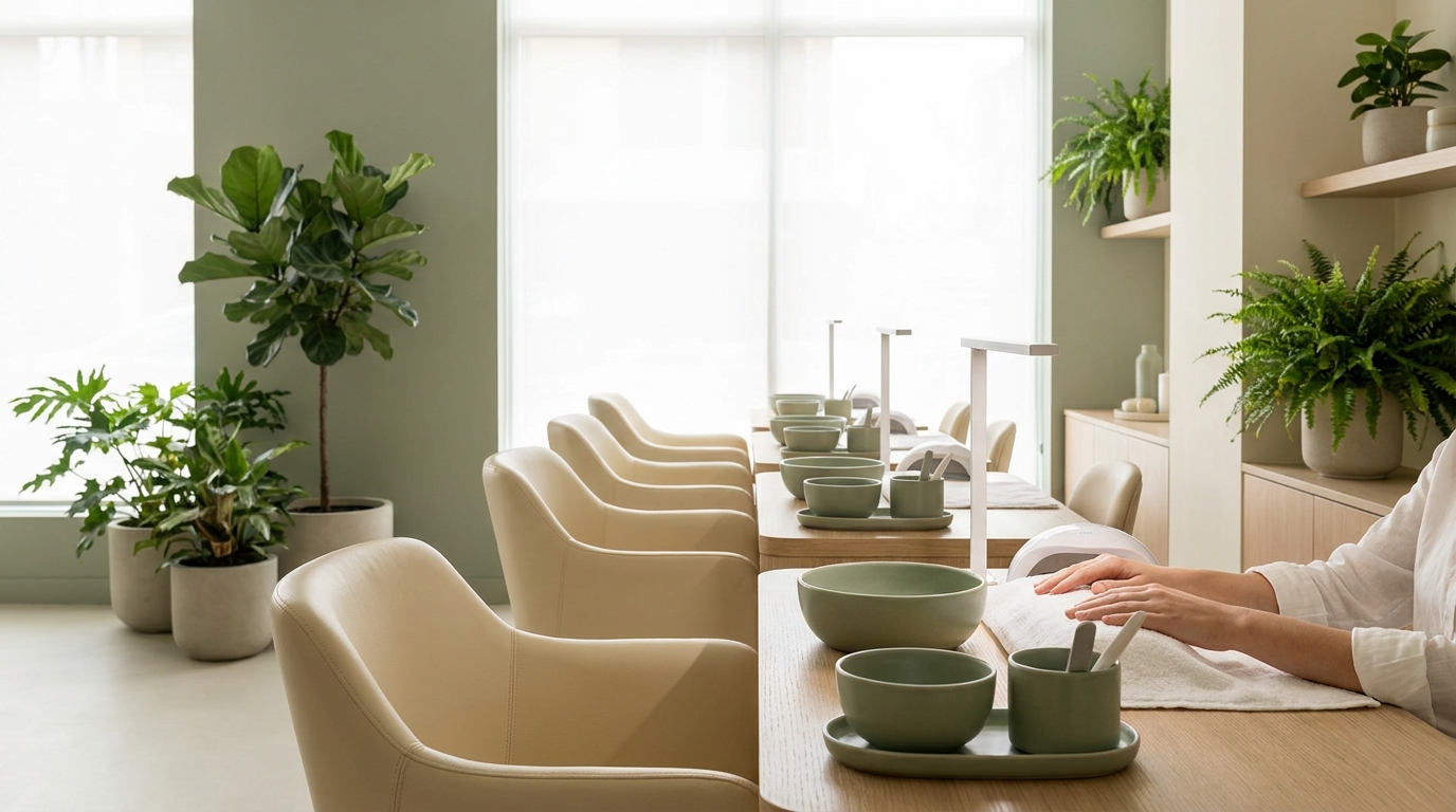 Salon owner reviewing a nail salon online profile showing services, opening hours, location and photos
