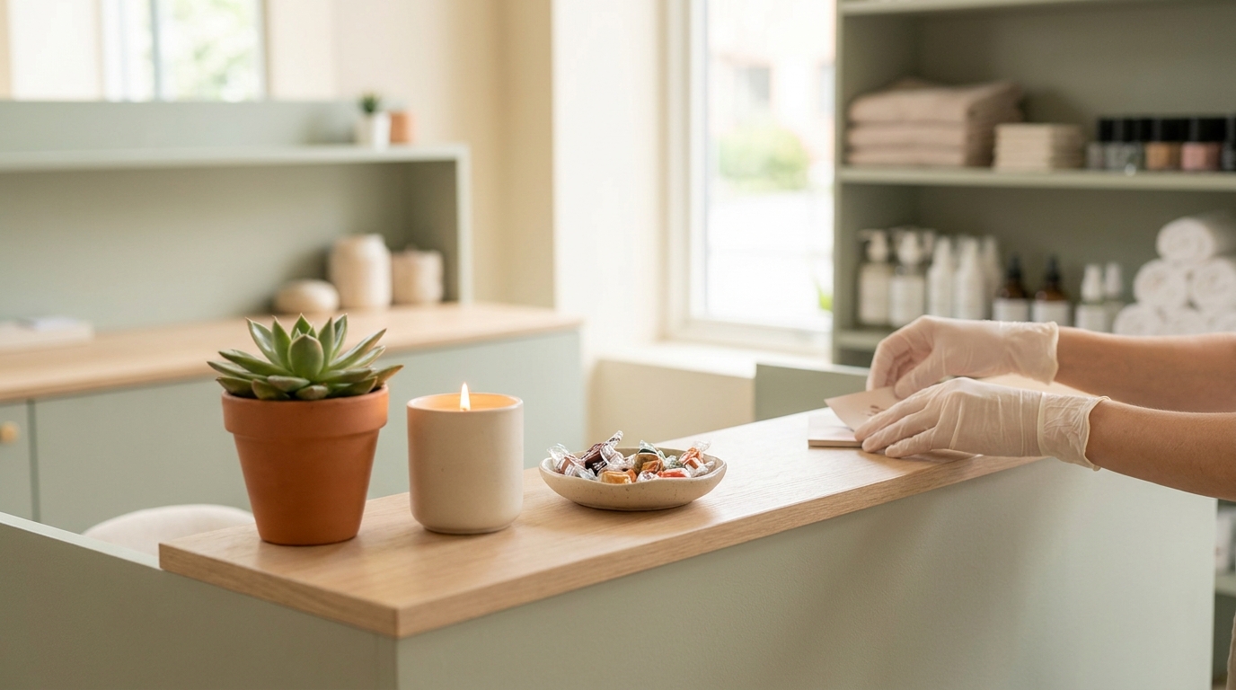A tidy, inviting nail salon reception desk