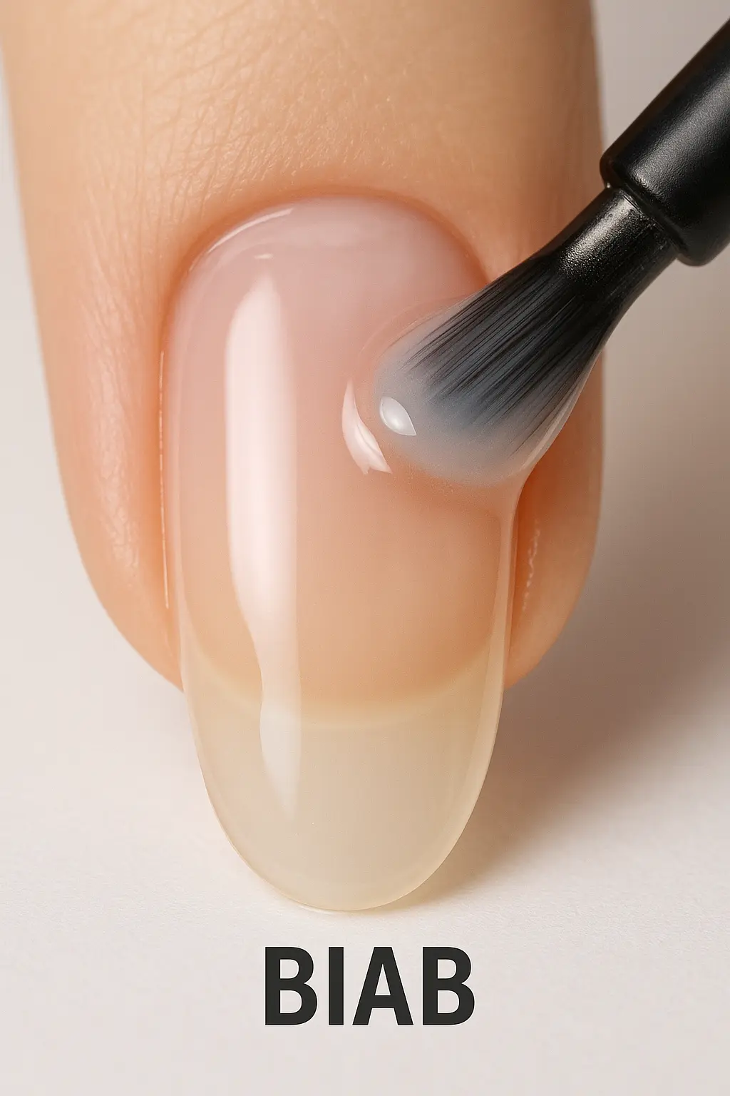 Builder gel in bottle format being applied to natural nails showing self-levelling properties and finish