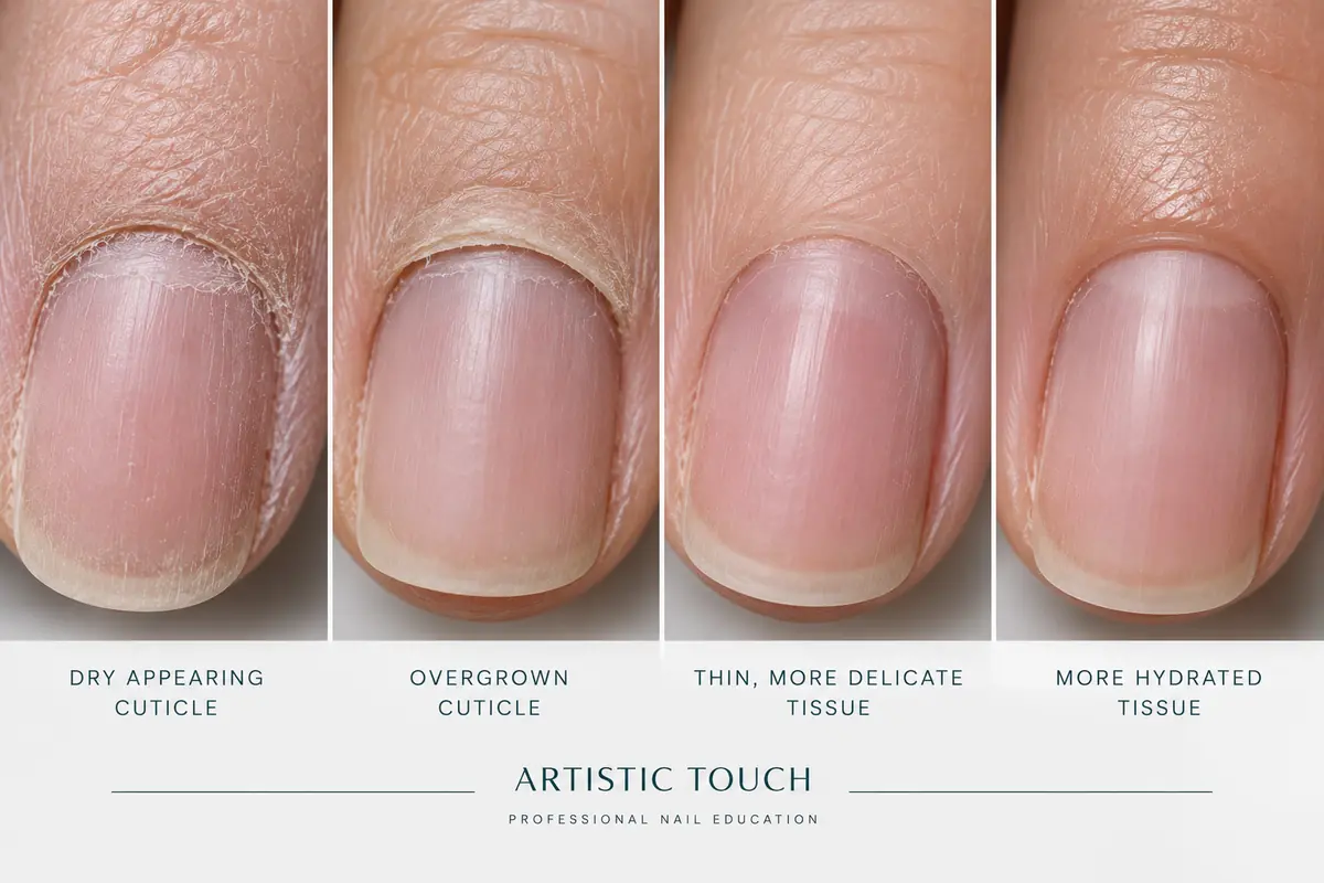 Four close-up photographs of nails side by side, labelled from left to right dry appearing cuticle, overgrown cuticle, thin more delicate tissue and more hydrated tissue
