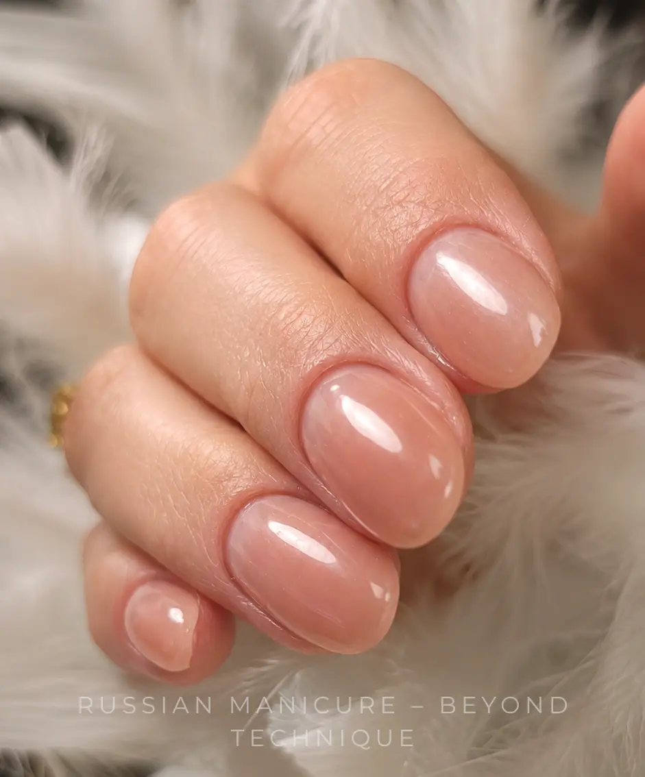 Close-up of a hand with short natural-looking nails in a pale nude gel finish, with a clean skin line at the base of each nail