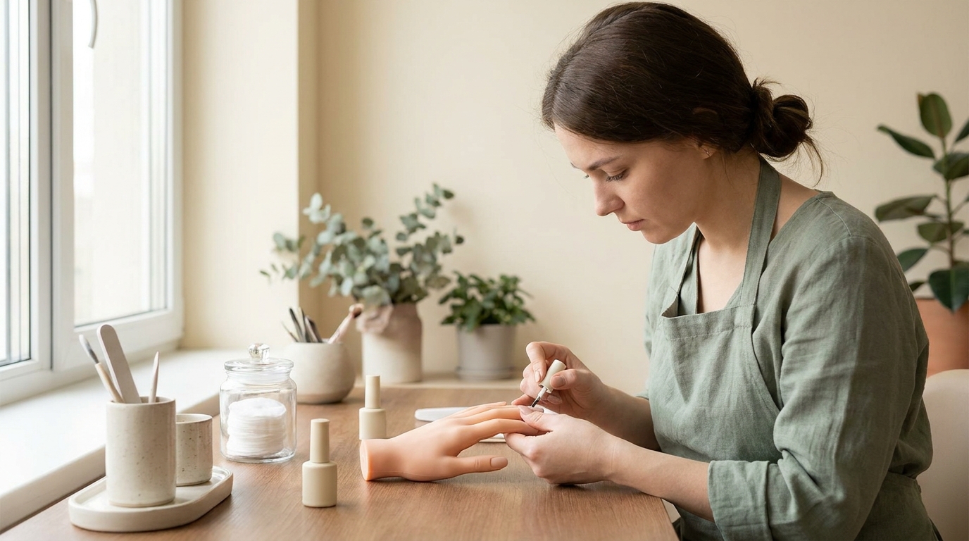 Nail technician studying products and practising technique as part of ongoing professional education