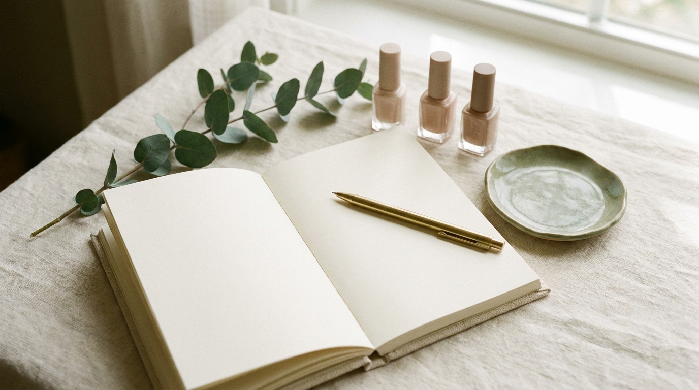 A tidy nail professional's desk with an open notebook, pen, neutral nail polishes and eucalyptus, ready for drafting a bio