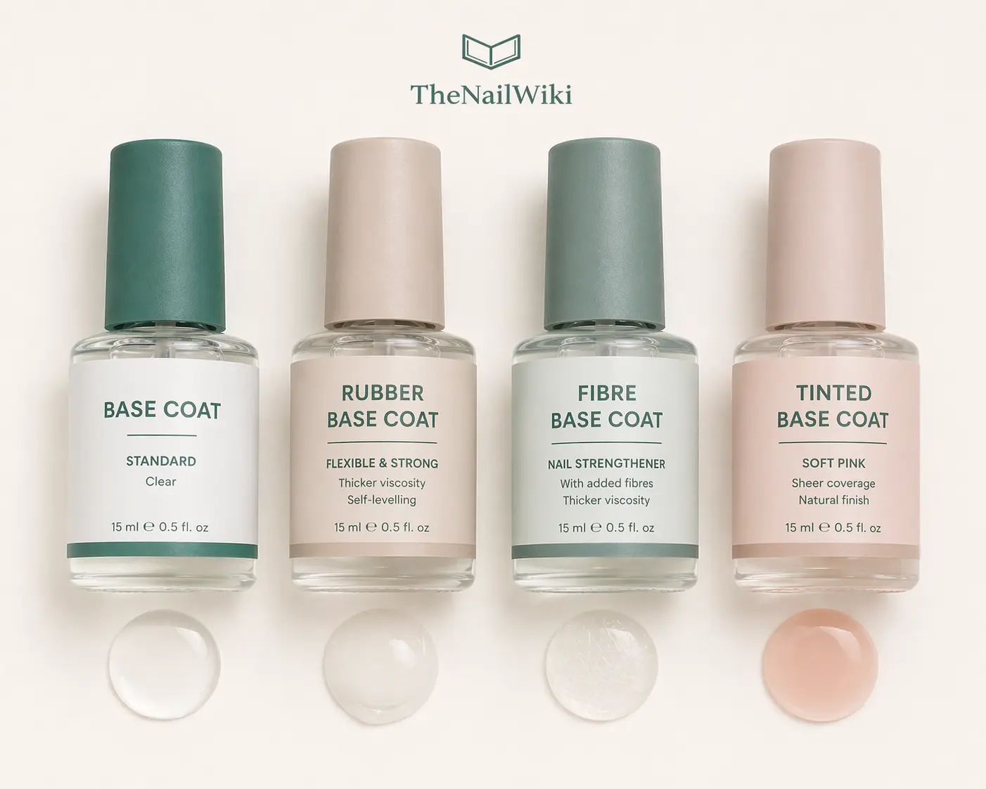 Three nail base coat types arranged side by side — standard base coat, rubber base coat, and colour base coat showing the main types used in professional nail services