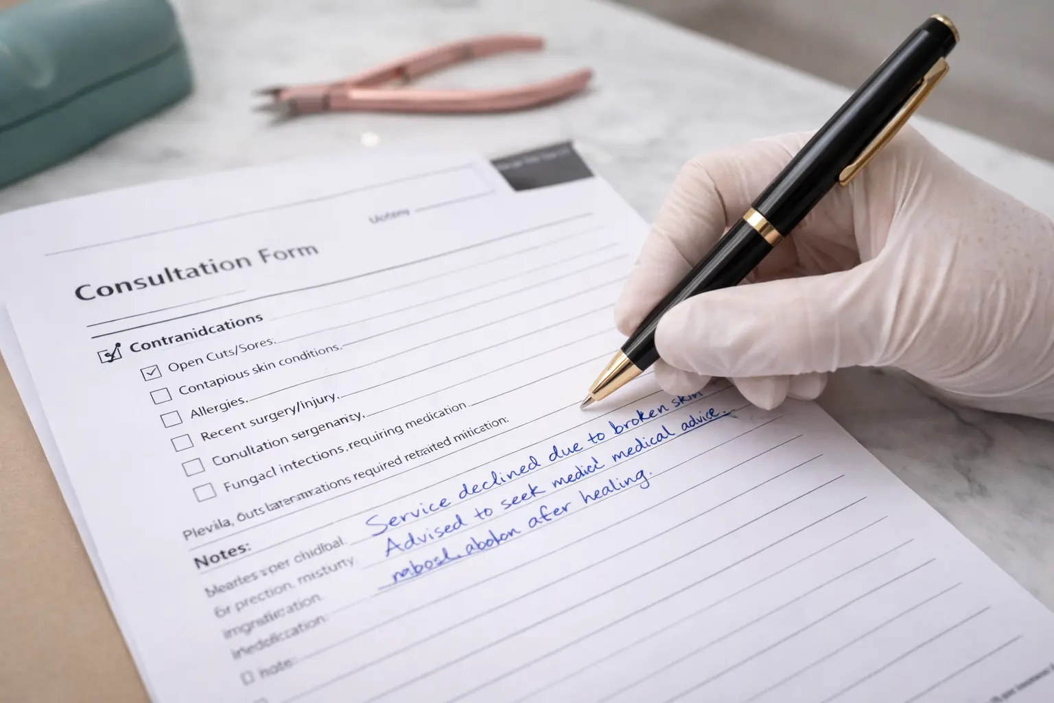 Professional documentation showing declined service due to contraindication with detailed notes demonstrating duty of care