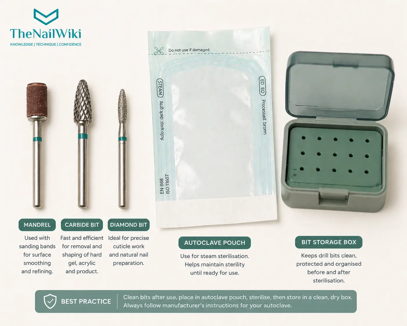 E-file bits alongside an autoclave sterilisation pouch and a closed bit storage box showing the correct sterilisation and storage setup