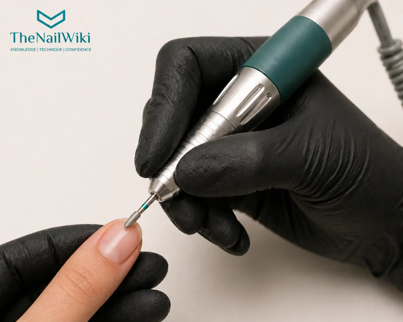 Correct e-file handpiece grip — held lightly in a pencil grip with minimal pressure against the nail surface