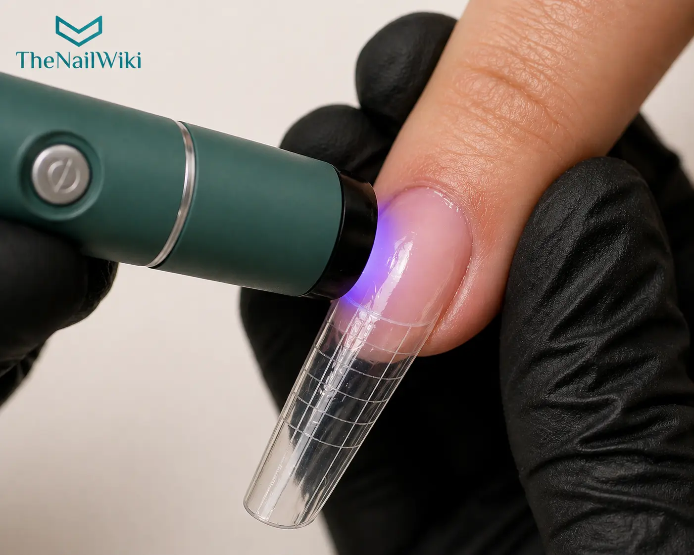 Flash cure lamp directed precisely at the cuticle area of a nail with a dual form applied — setting the product in place at the cuticle zone