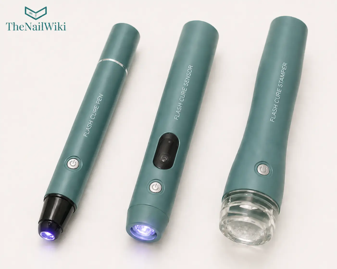 Three flash cure lamp formats arranged side by side — standard pen-style, sensor-activated, and a lamp with a stamper end