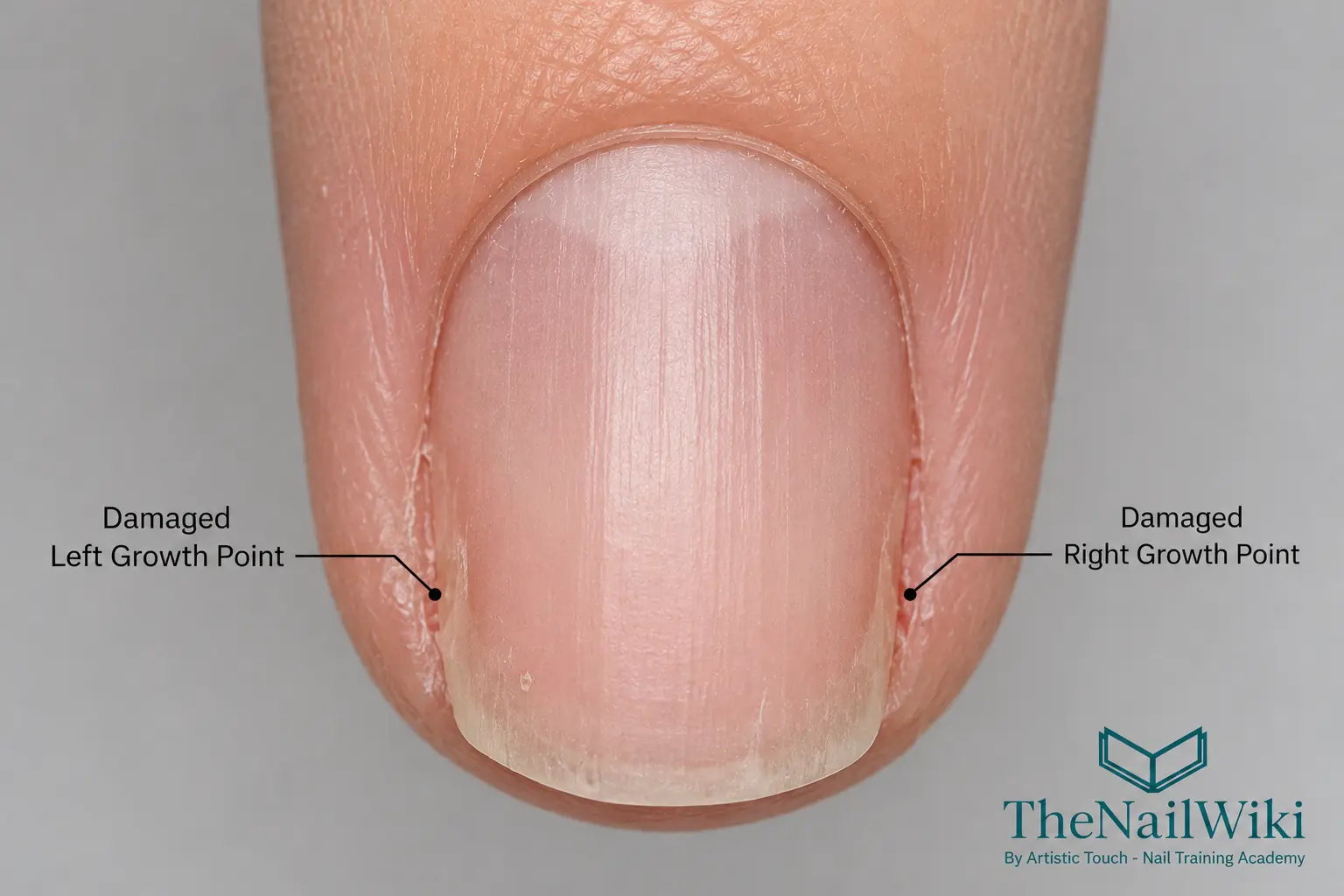 Top-down view of a nail with both growth points showing damage at the lateral corners — thinning and irregularity visible at the left and right growth point zones