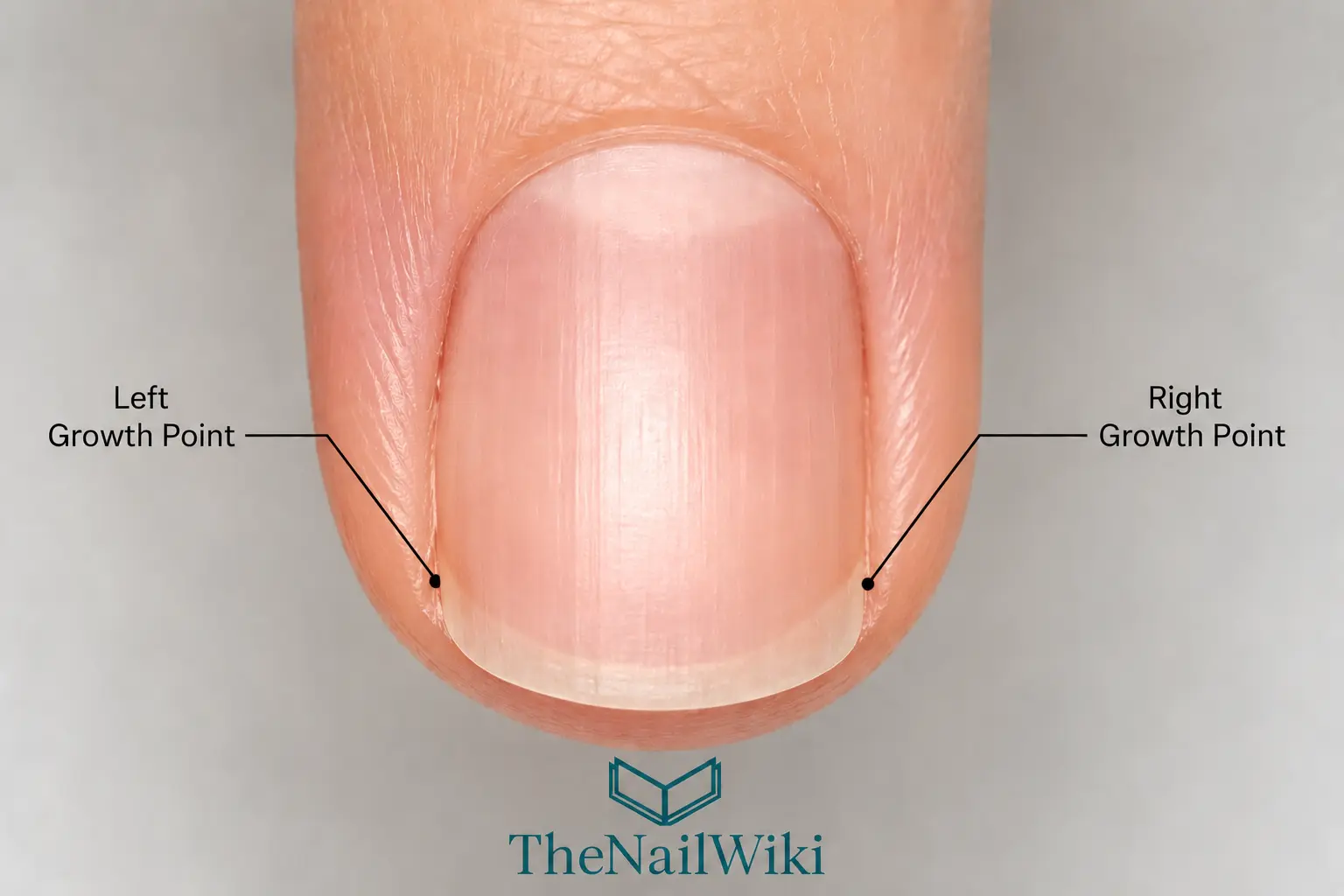 Top-down view of a healthy natural nail with both growth points labelled — left and right growth points at the lateral corners where the nail plate transitions into the free edge