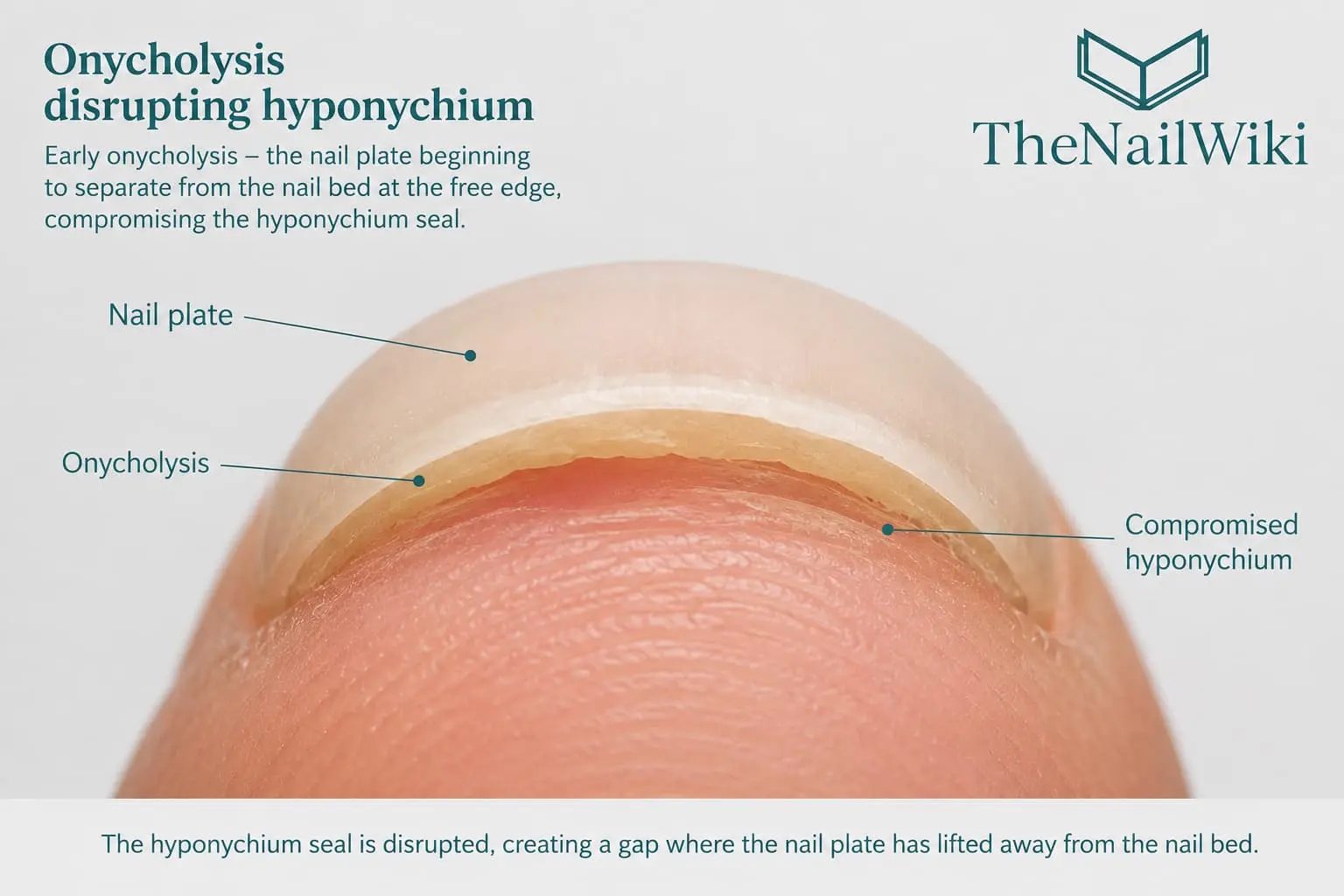 Close-up of onycholysis at the free edge — the nail plate separating from the nail bed showing disruption of the hyponychium seal at the distal nail unit