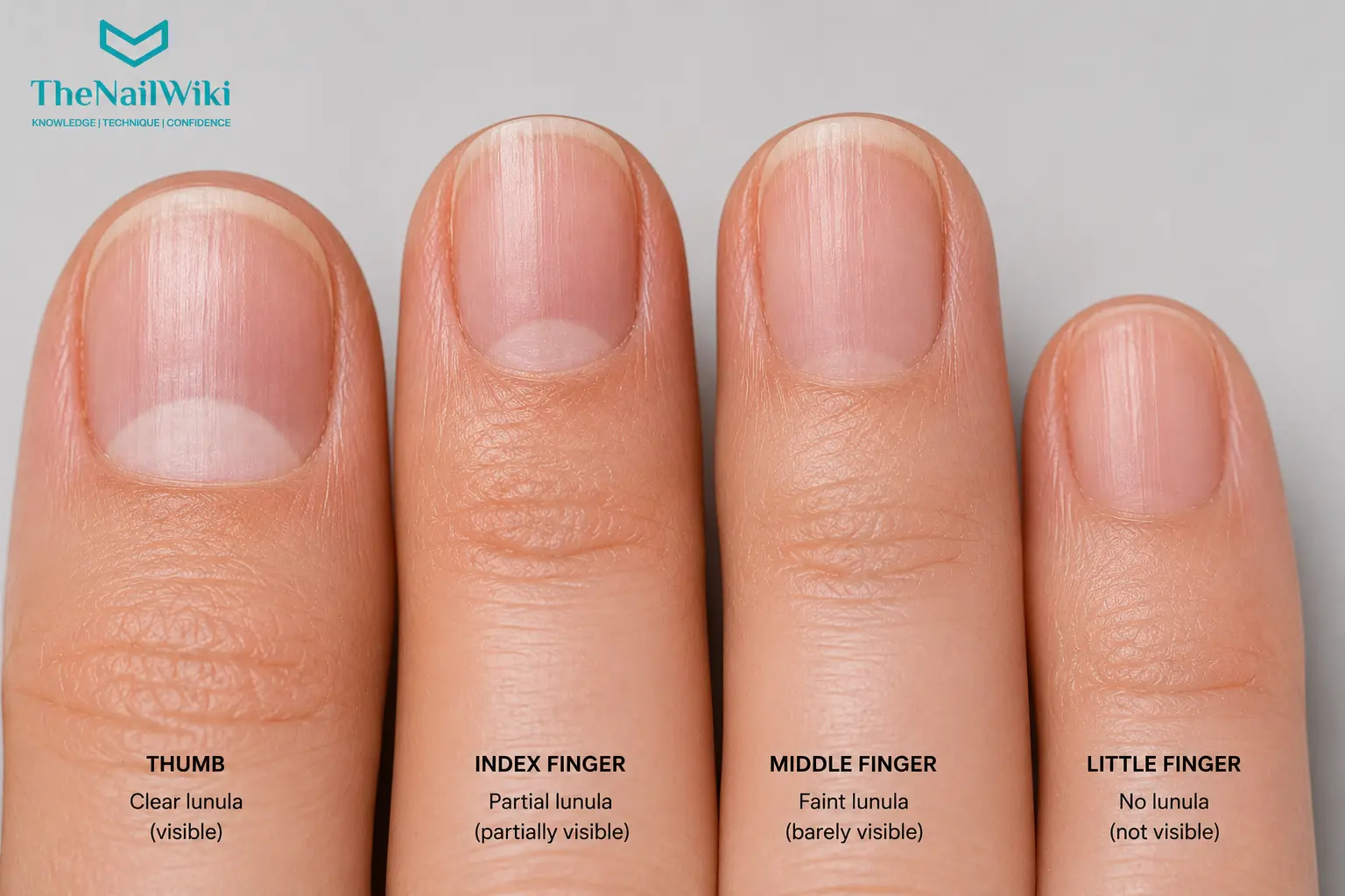 Multiple fingers shown side by side demonstrating variation in lunula visibility — clearly visible on the thumb, partial on the index finger, absent on the little finger