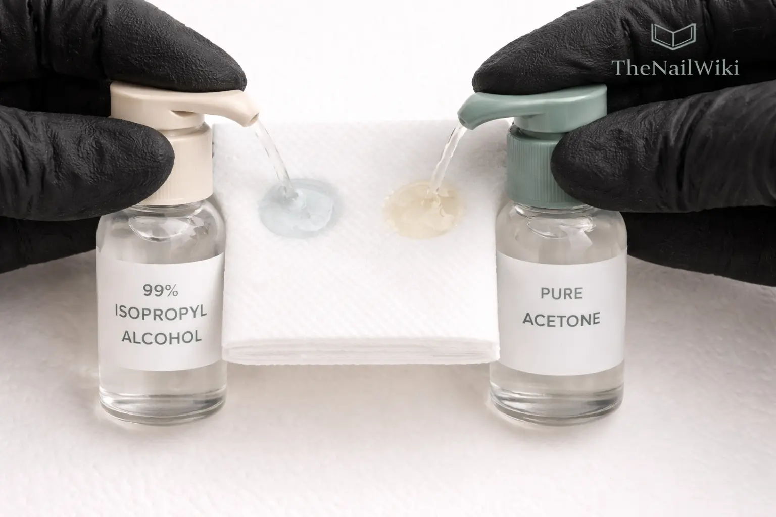 The Radina Double Cleanse Method — one pump of IPA and one pump of acetone dispensed onto the same lint-free wipe for nail plate preparation