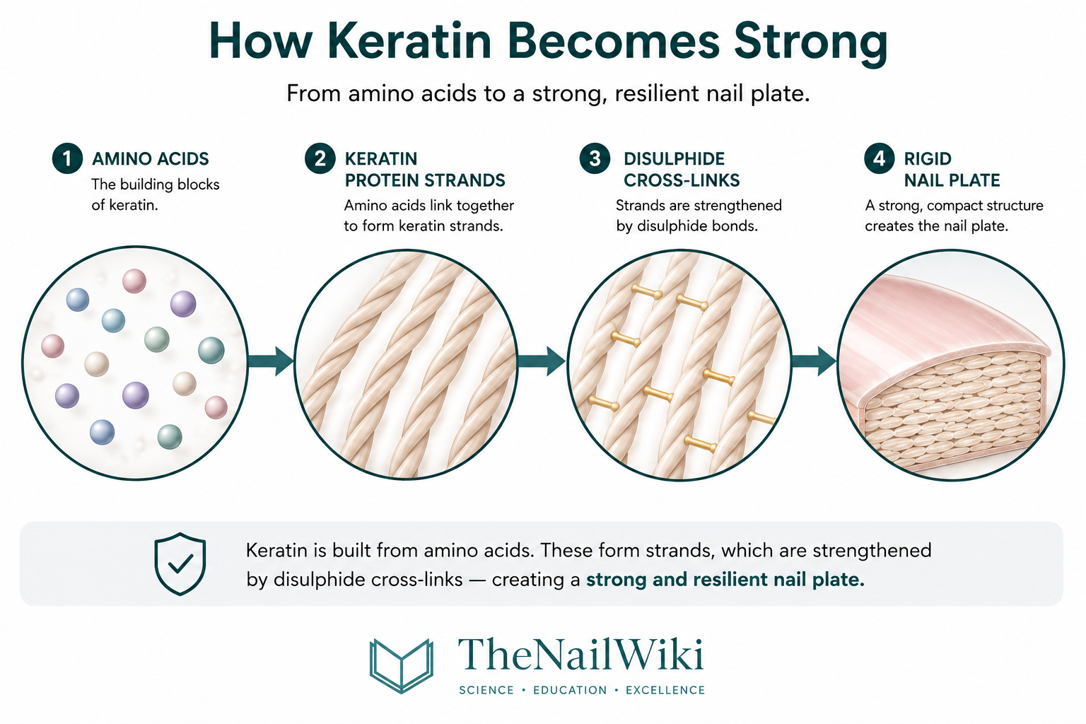 Educational infographic showing how amino acids form keratin protein strands, create disulphide cross-links and produce a strong, resilient nail plate